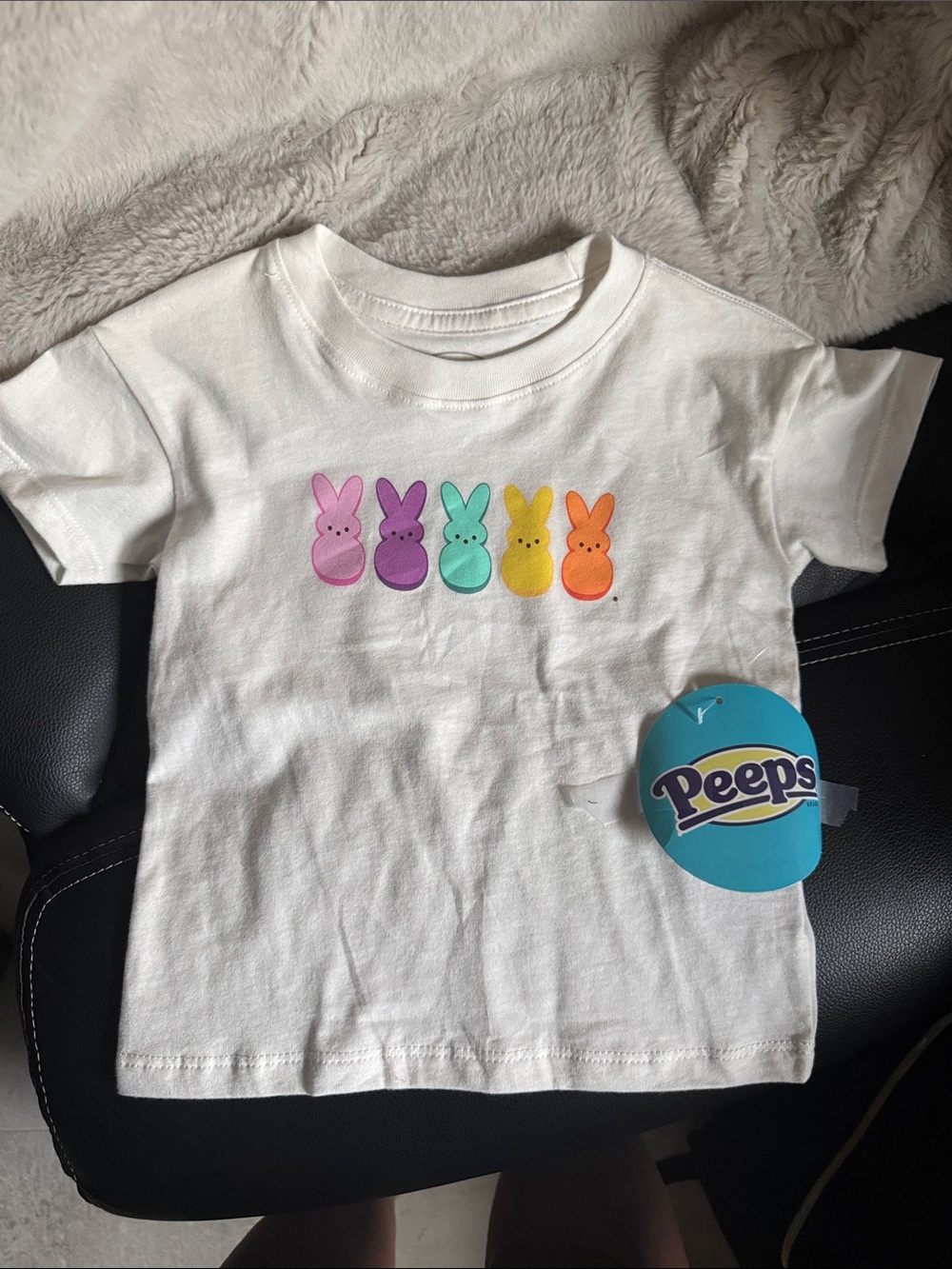 White Short-Sleeve Tee with Rainbow Bunny Graphic